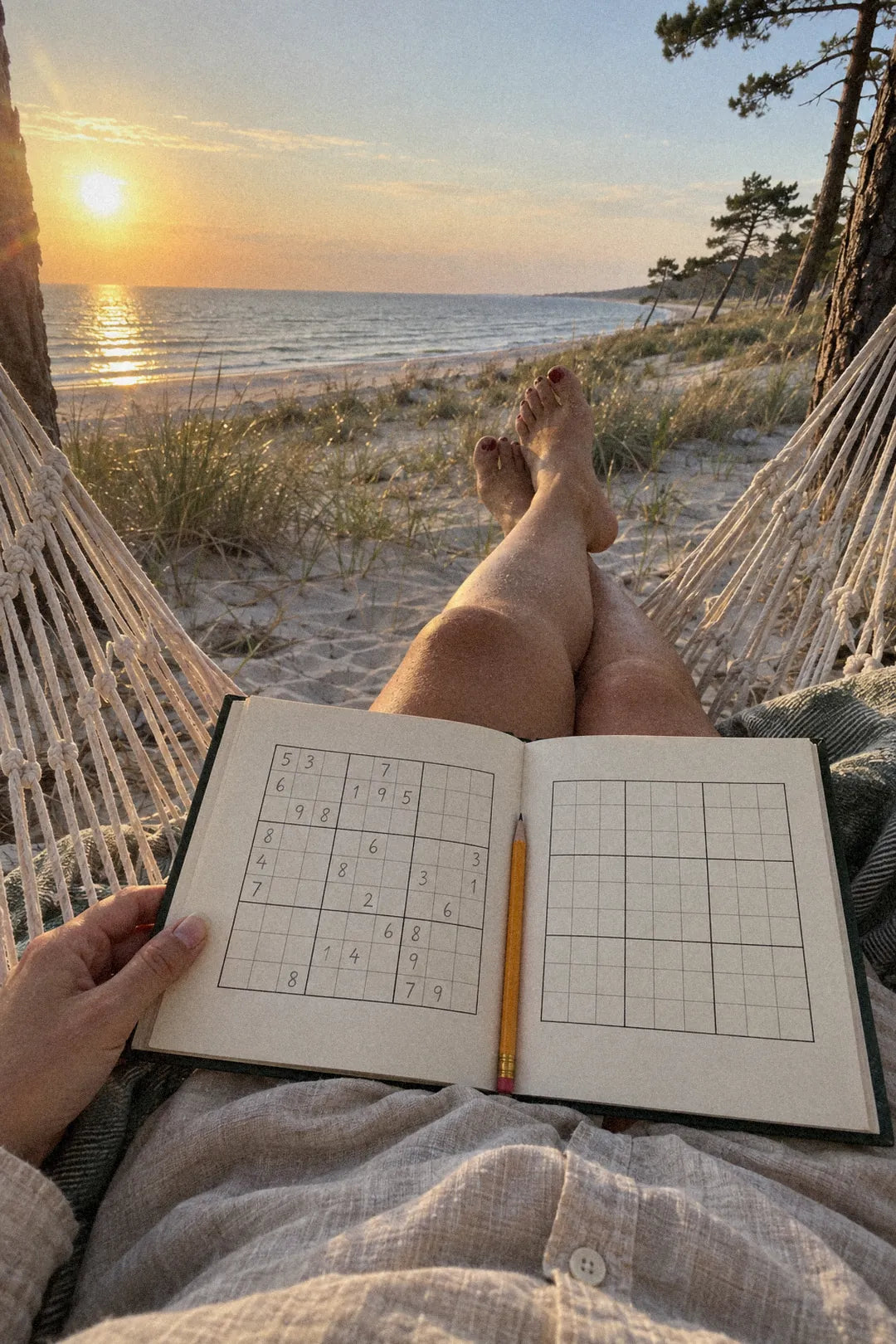 Otwarty tom z sudoku na kolanach w hamaku nad morzem o zachodzie słońca