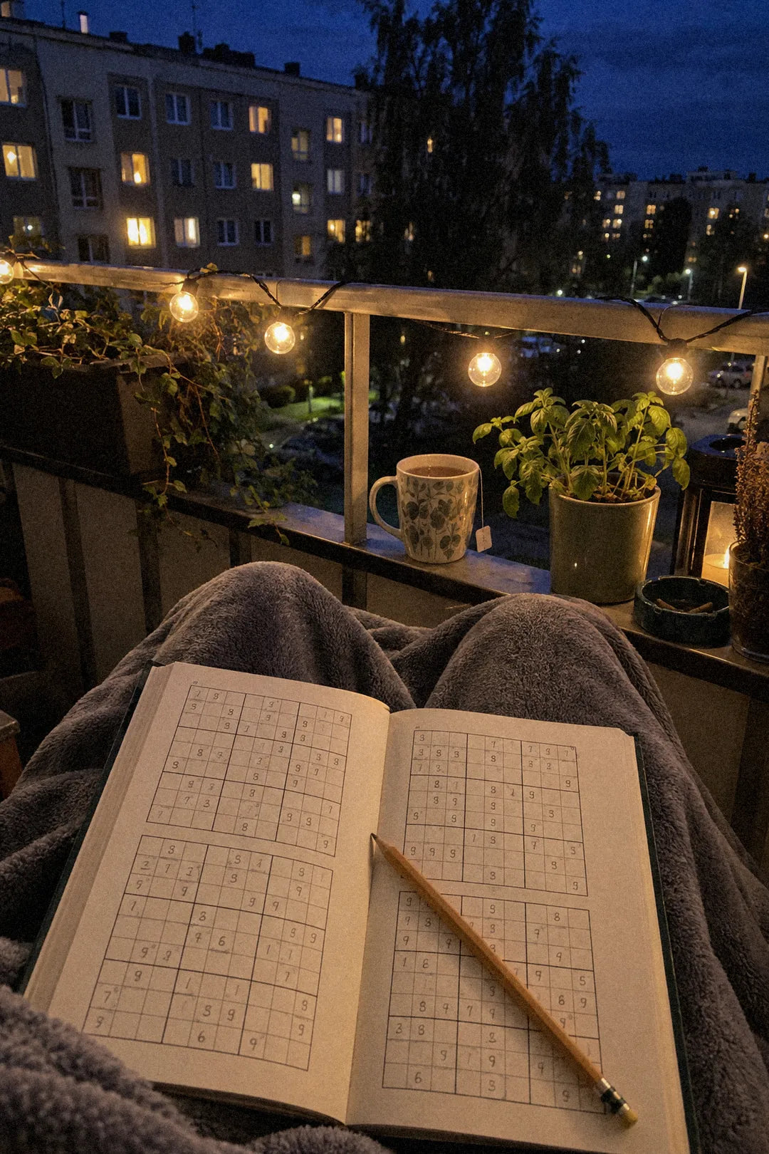 Otwarty tom z sudoku na kolanach pod kocem, lampki na barierce balkonu, niebieska godzina