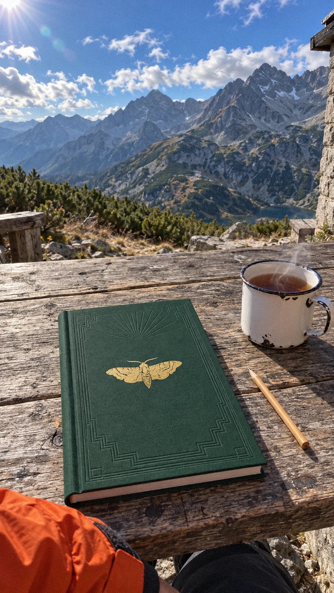 Zielony tom na drewnianym stole przed schroniskiem, emaliowany kubek, w tle Tatry